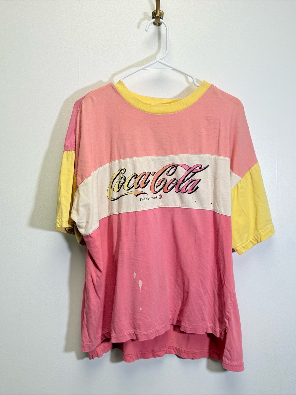 Coca Cola Rare Vtg 80s Color Block Surf Beach Stripe T shirt Large Distressed